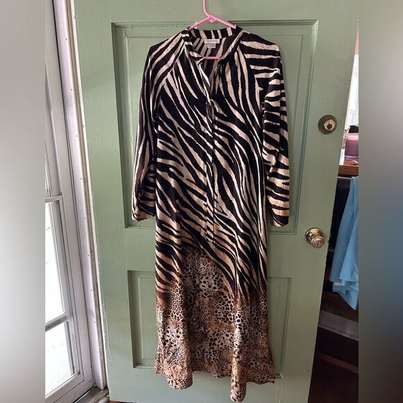 NATORI LUXE LEOPARD CAFTAN MAXI DRESS ZIP UP SLITS SMALL - Picture 1 of 9